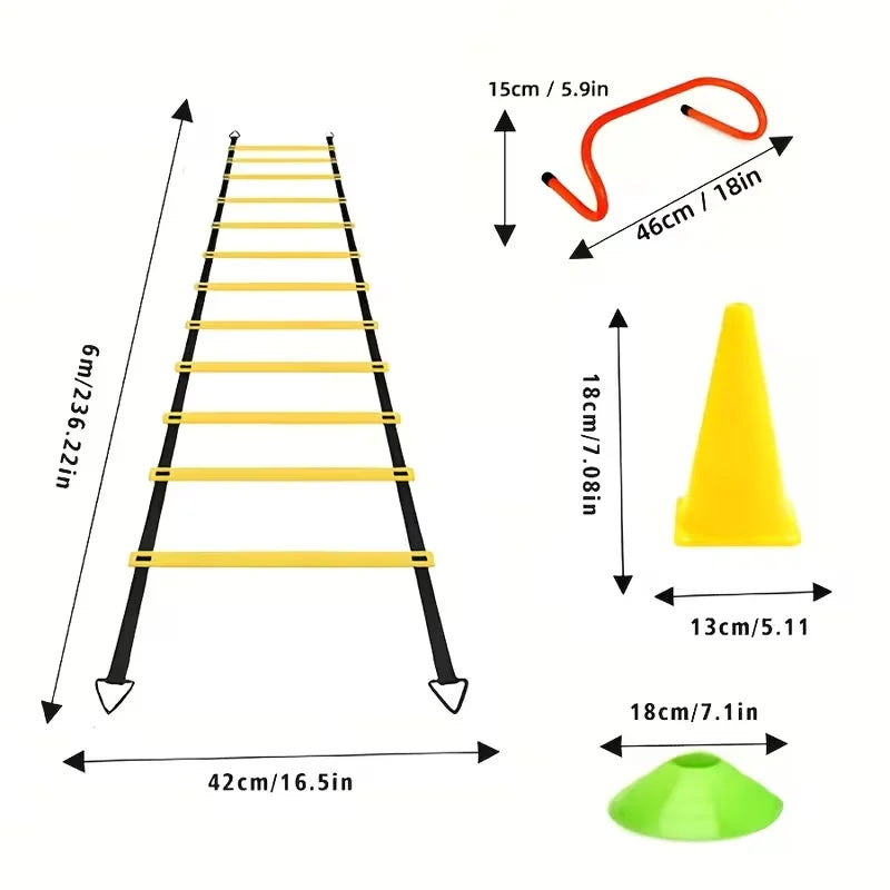 Dimension diagram: ladder 6 m by 42 cm, cone 18 cm, hurdle 15 by 46 cm