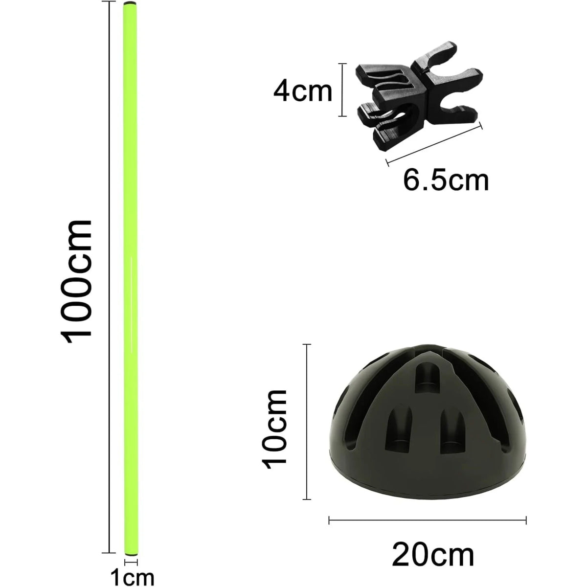 Måttskiss: bom 100 × 1 cm, fot 20 cm bred och 10 cm hög, klämma 6,5 × 4 cm